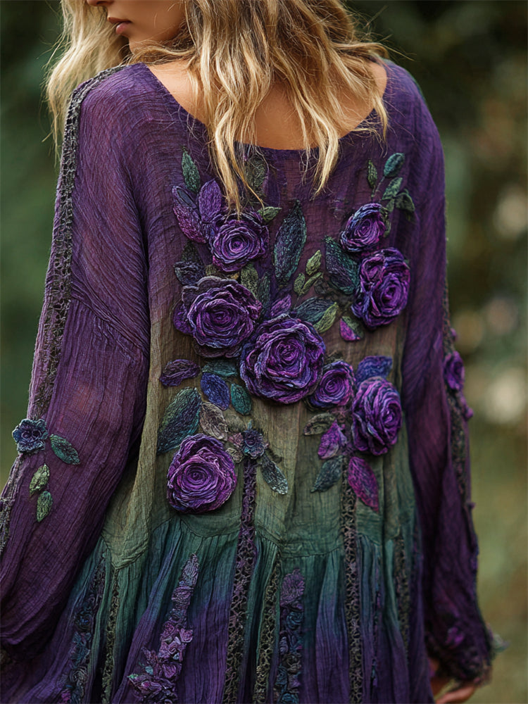 Vintage Purple Roses Lace Embroidered Forest Gradient Linen Tunic artswardrobe