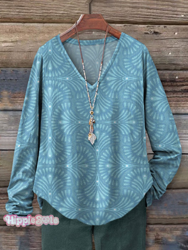 Women's Abstrct Art Print 100% Cotton Casual V-neck Long Sleeve Shirt