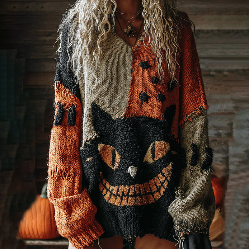 Halloween Cute Cat Face Art Cozy Knit Sweater artswardrobe
