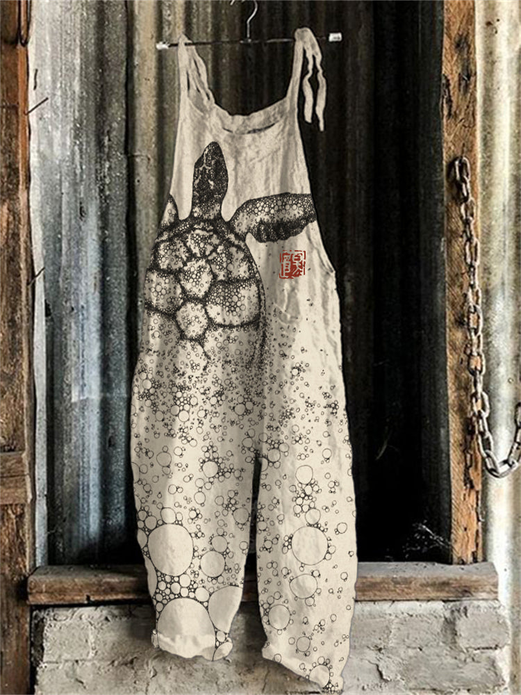 Comstylish Sea Turtle Japanese Lino Art Linen Blend Jumpsuit