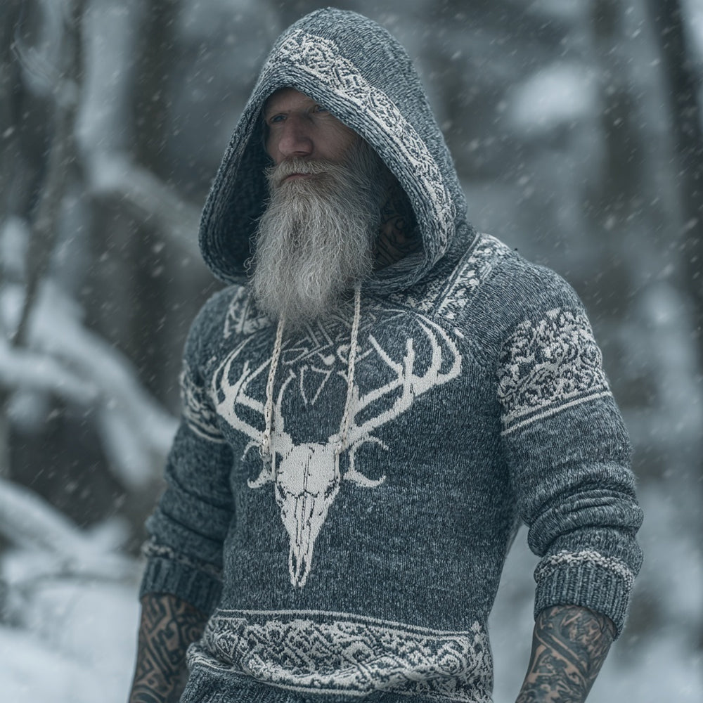 Men's Viking Inspired Deer Skull Cozy Knit Hooded Sweater elevenforest