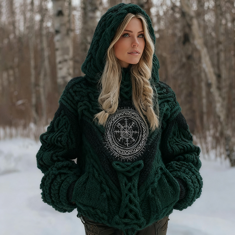 Women's Viking Celtic Knot Vegvisir Rune Knit Hooded Sweater artswardrobe