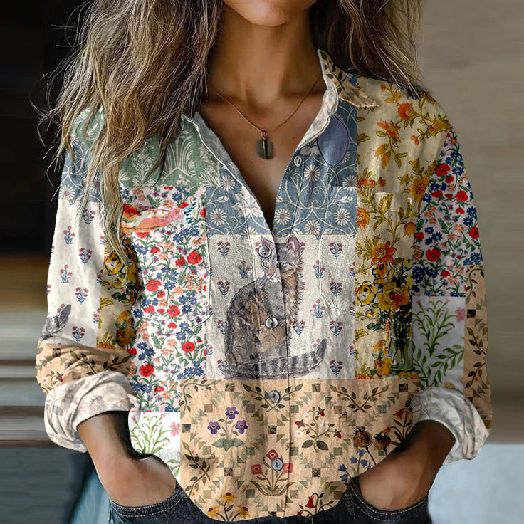 Comstylish Vintage Floral And Cat Printed Art Cotton Linen Shirt