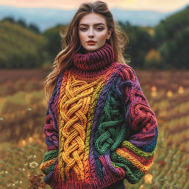 Women's Colorful Celtic Knot Art Knit Jacquard High Neck Sweater artswardrobe