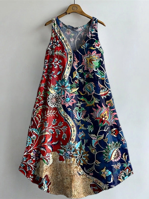 Women's Vintage Ethnic Floral Art Print V-neck Pocket Cotton Dress