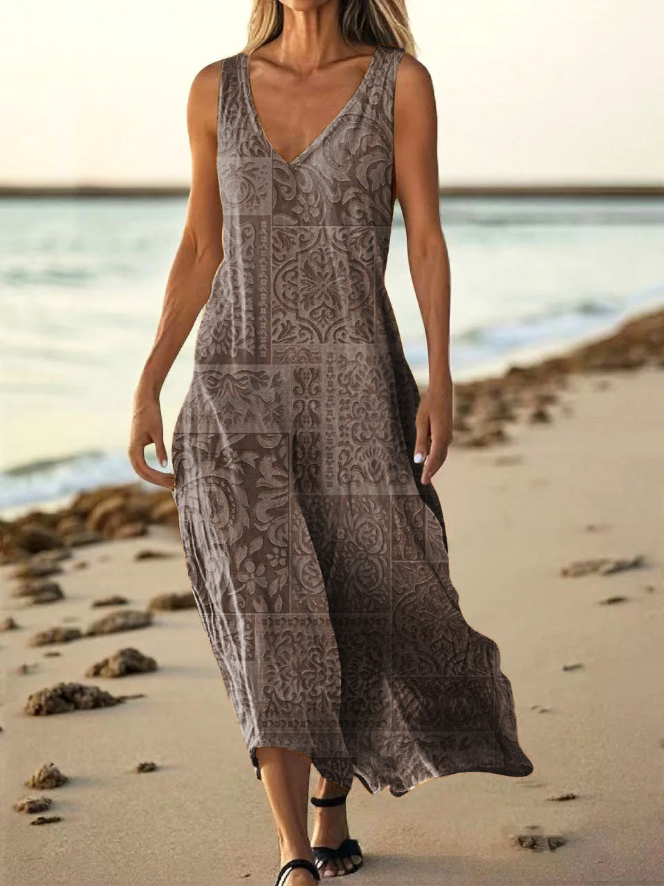 Women's Ethnic Collage Art Print V Neck Sleeveless Pocket Cotton Dress