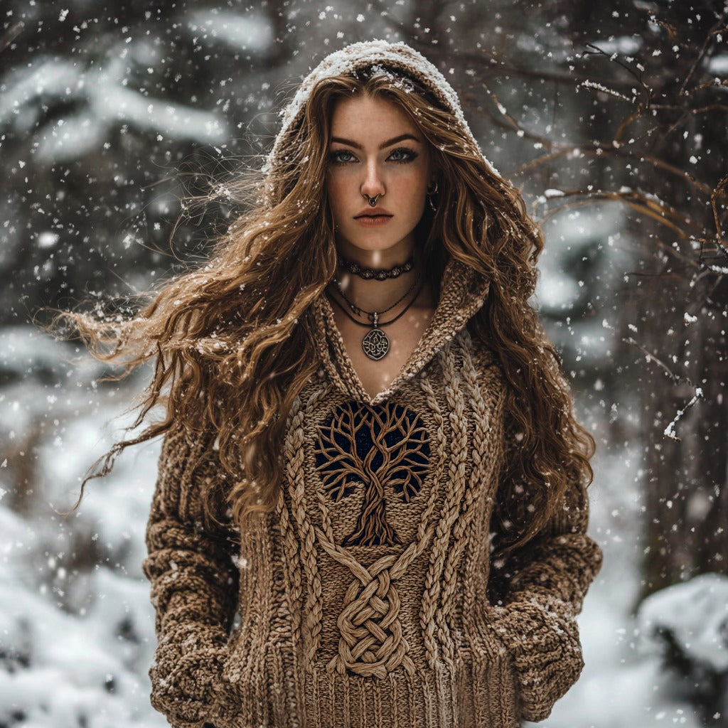 Women's Viking Tribal Runes Life Of Tree Chunky Knit Hooded Sweater artswardrobe