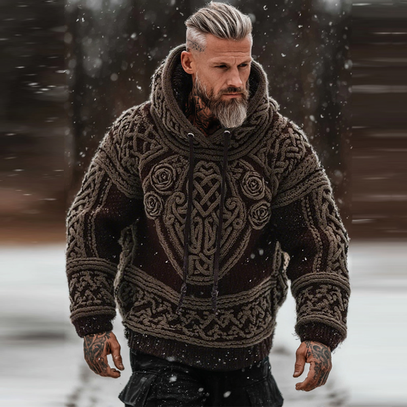 Men's Viking Tribal Jacquard Celtic With Rose Inspired Chunky Knit Hooded Sweater artswardrobe