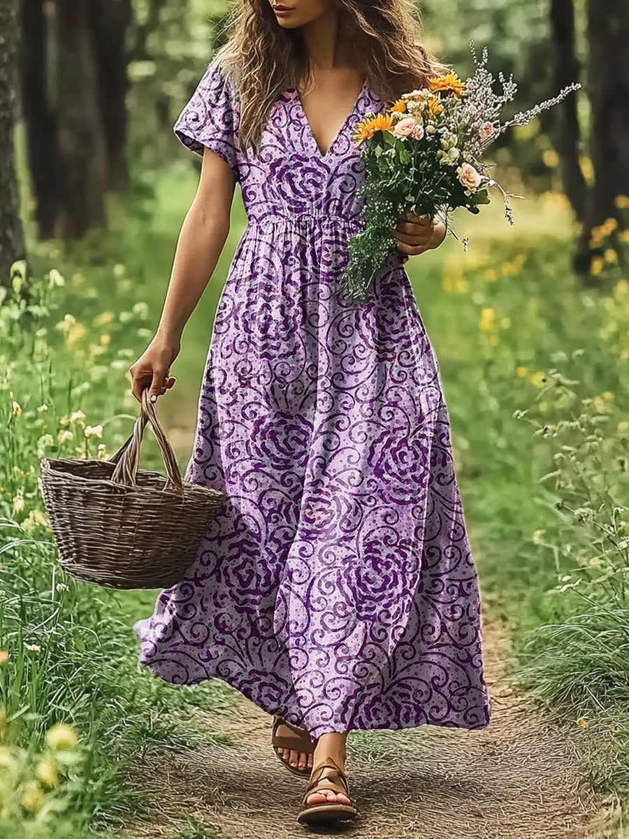 Women's Artistic Floral Purple Print V-Neck Short Sleeve Dress