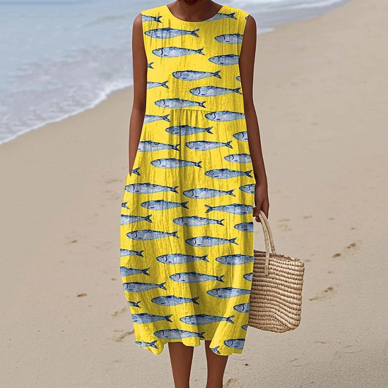 Women's Cute Fish Art Print Art Linen Tank Dress artswardrobe