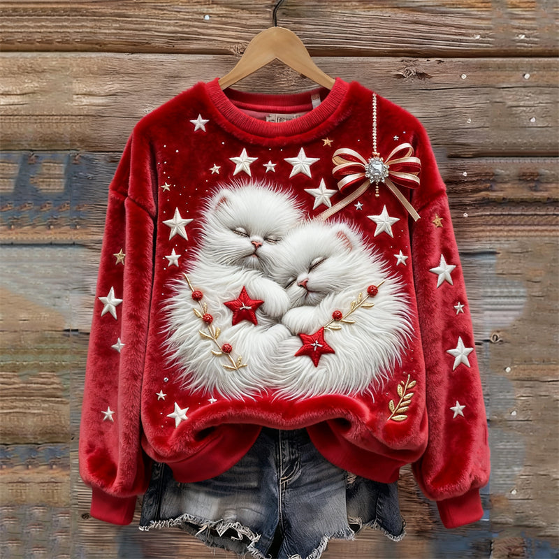 Comstylish Christmas Sleeping Cats Stars Embroidered Cozy Plush Sweatshirt