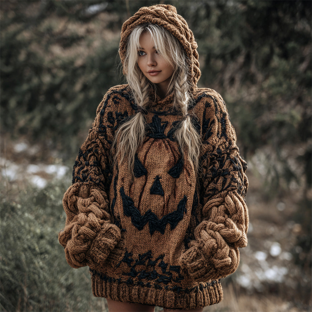 Halloween Evil Pumpkin Face Women's Chunky Knit Hooded Sweater artswardrobe