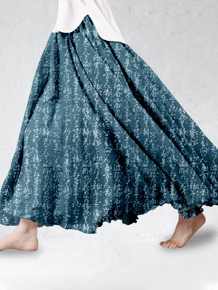 Comstylish Japanese Inspired Patterns Linen Blend Flowy Wide Skirt