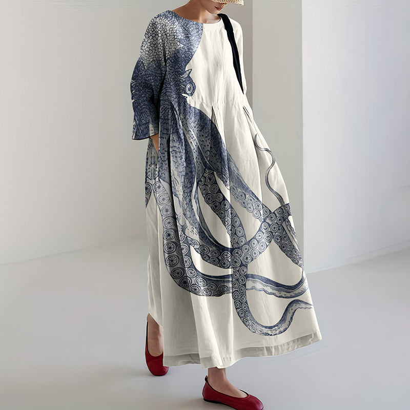 Comstylish Japanese Art Octopus Print Casual Art  Linen Blend Long Sleeve Maxi Dress