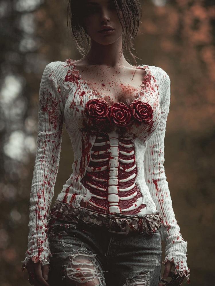 Comstylish Classy Skeleton Bloody Roses V Neck Halloween T Shirt