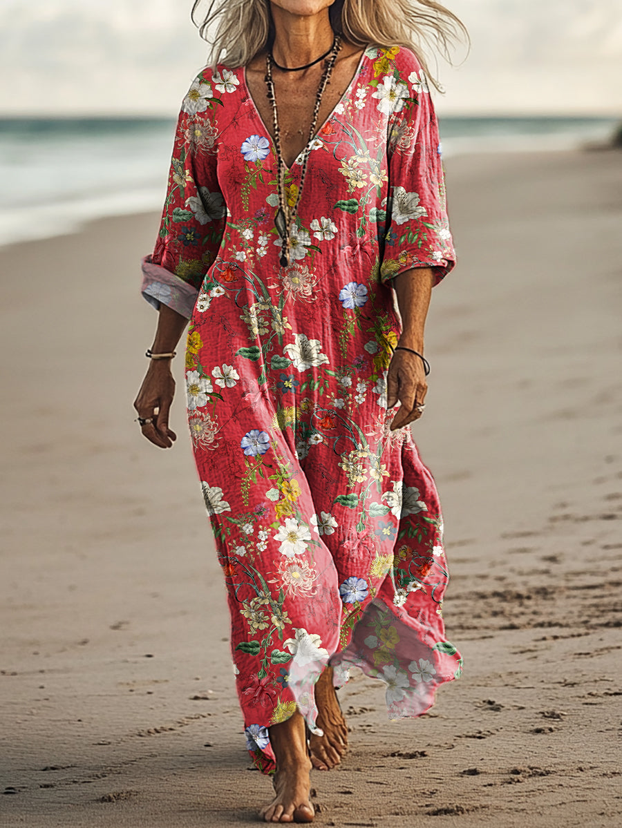 Women's Vintage Floral Art Print Pocket Cotton Dress