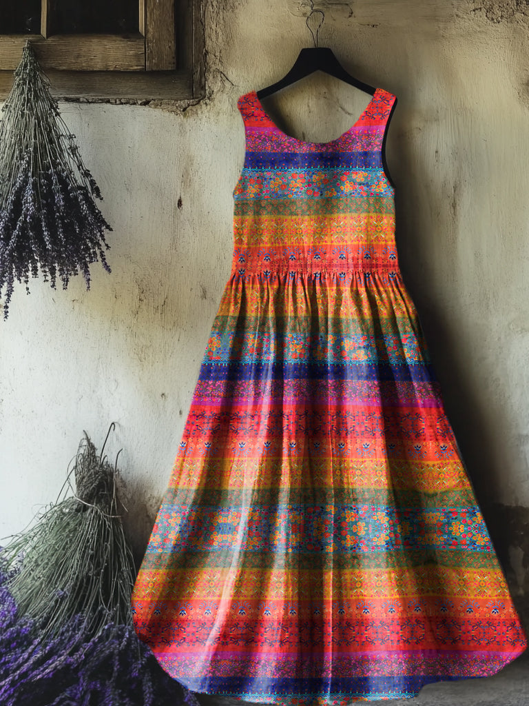 Women's Vintage Floral Art Print Sleeveless Cotton Pocket Dress