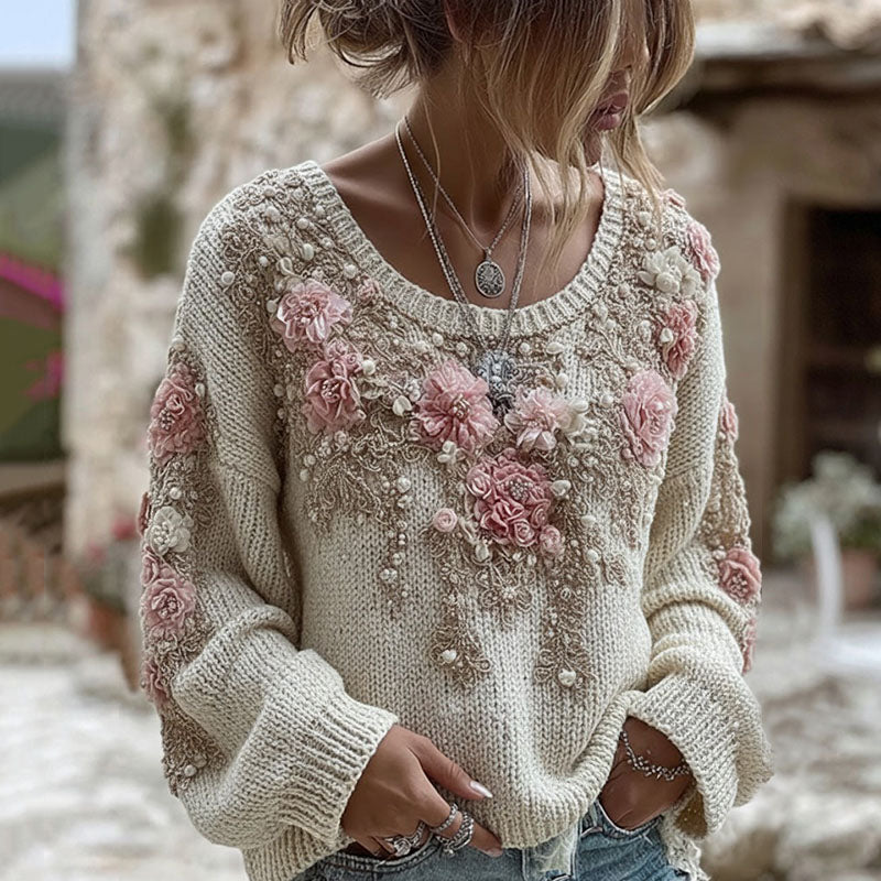 Women's Pink Floral Embroidery Art Knit Pullover Sweater artswardrobe