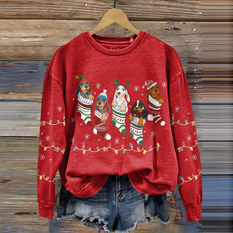 Comstylish Dachshund Dogs Christmas Hat Lights Small Christmas Stocking Art Print Crew Neck Casual Sweatshirt