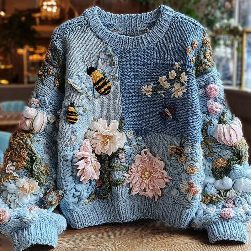 Comstylish Women's Vintage Floral And Bee Embroidery Long Sleeve Cozy Sweater