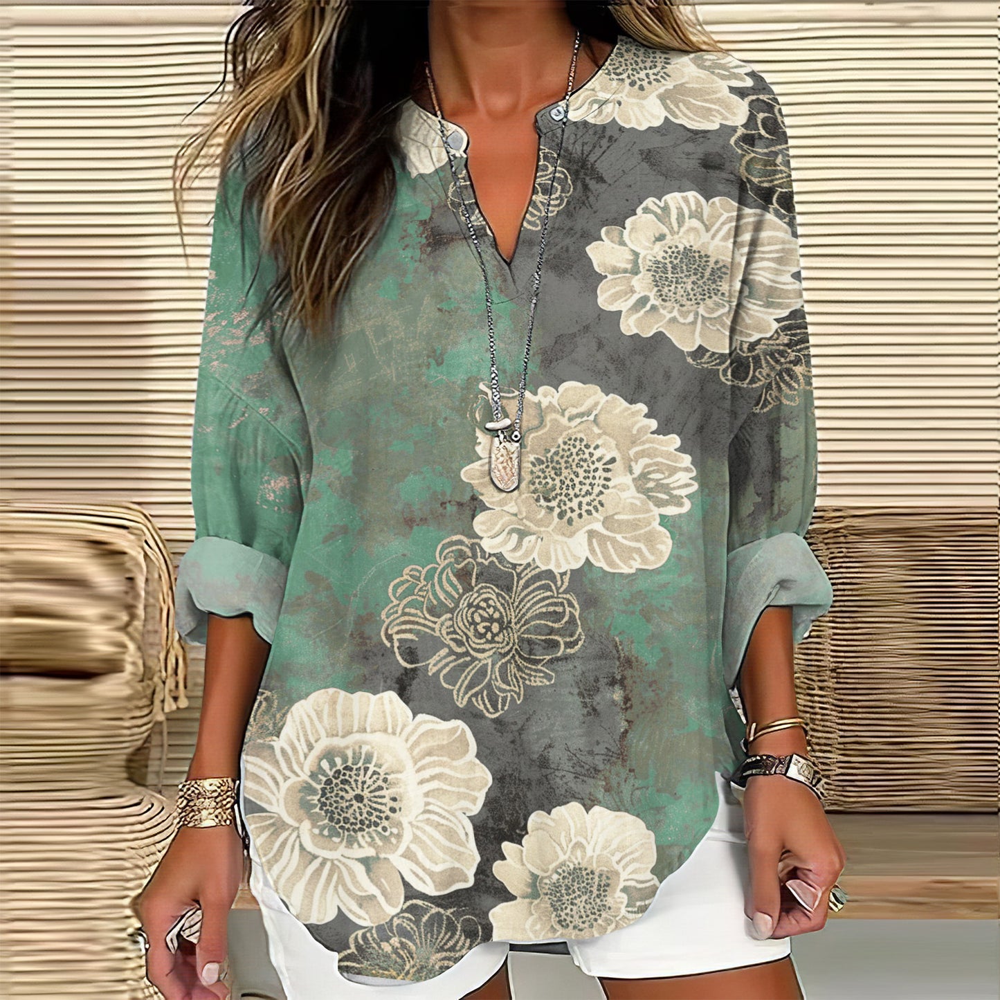 Comstylish Vintage Floral Print V-Neck Long Sleeved Blouse