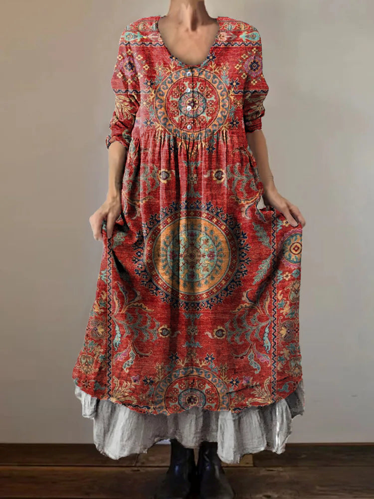 Women's Vintage Ethnic Art Patterns Print Button Pocket Cotton Dress