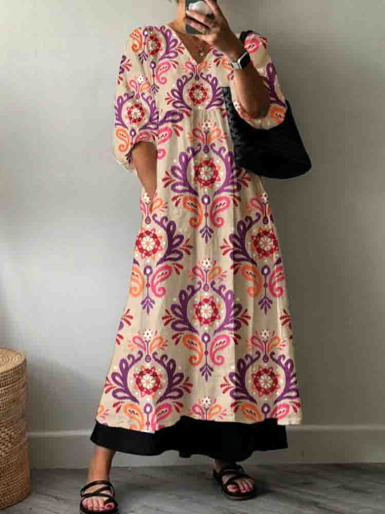 Women'S Retro Ethnic Flowers Pattern Cotton Dress