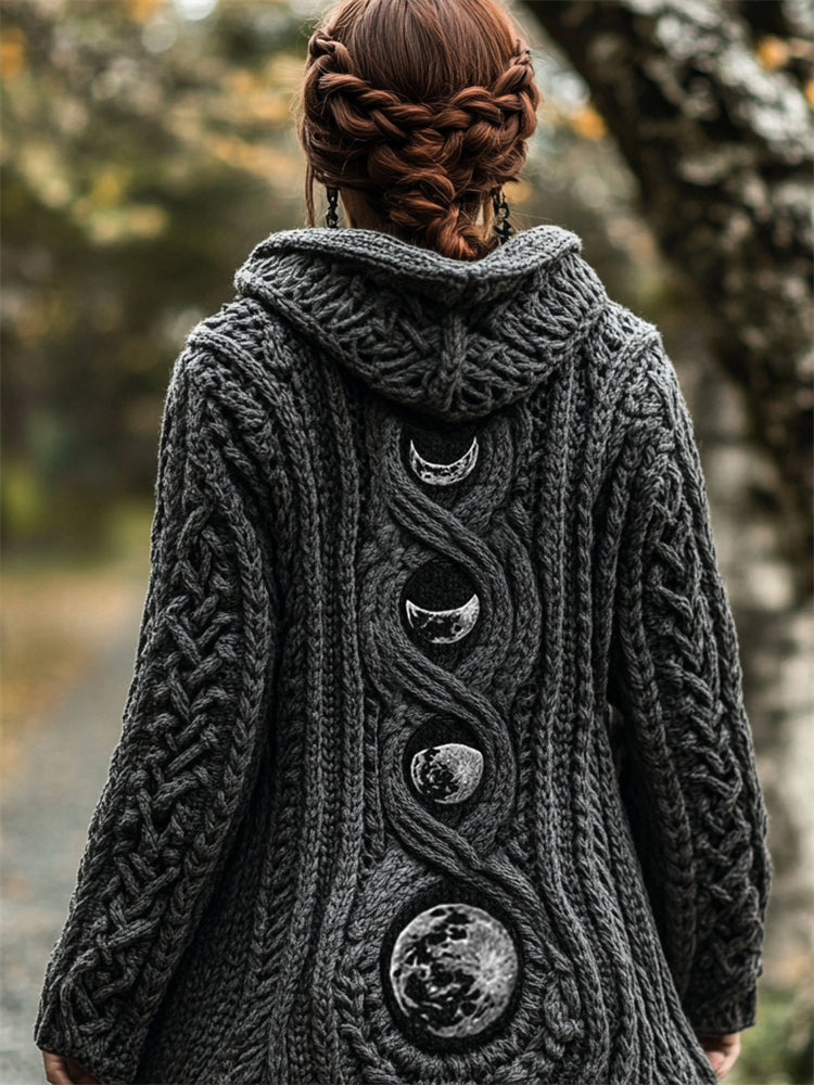 Moon Phase Embroidered Mystical Celtic Chunky Hooded Cardigan artswardrobe