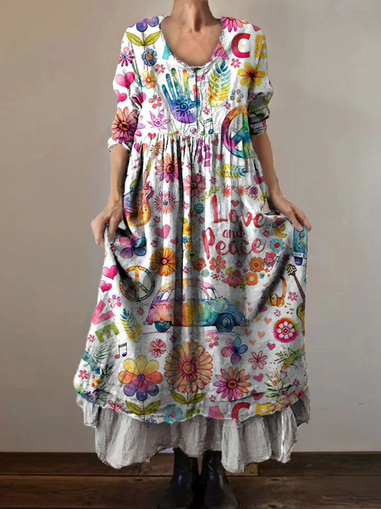 Women's Hippie Pattern Art Print V-Neck Button Pocket Cotton Dress