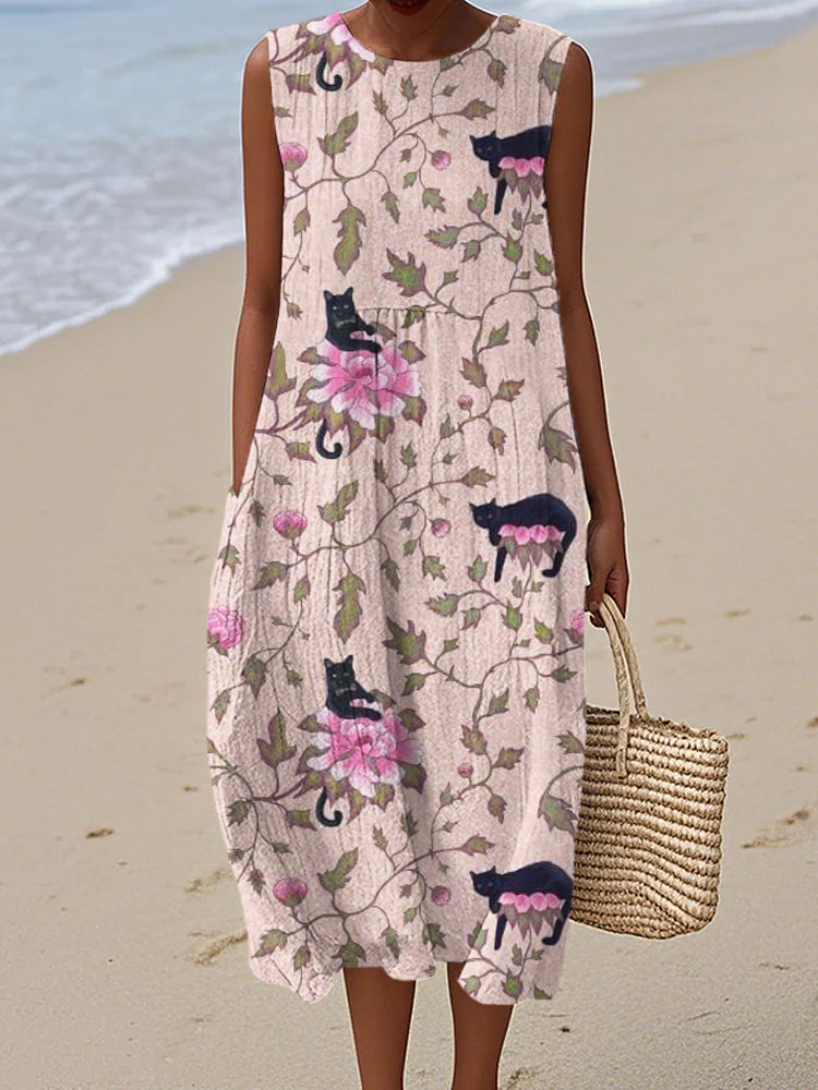 Cat Vintage Floral Art Women's Linen Vest Dress elevenforest