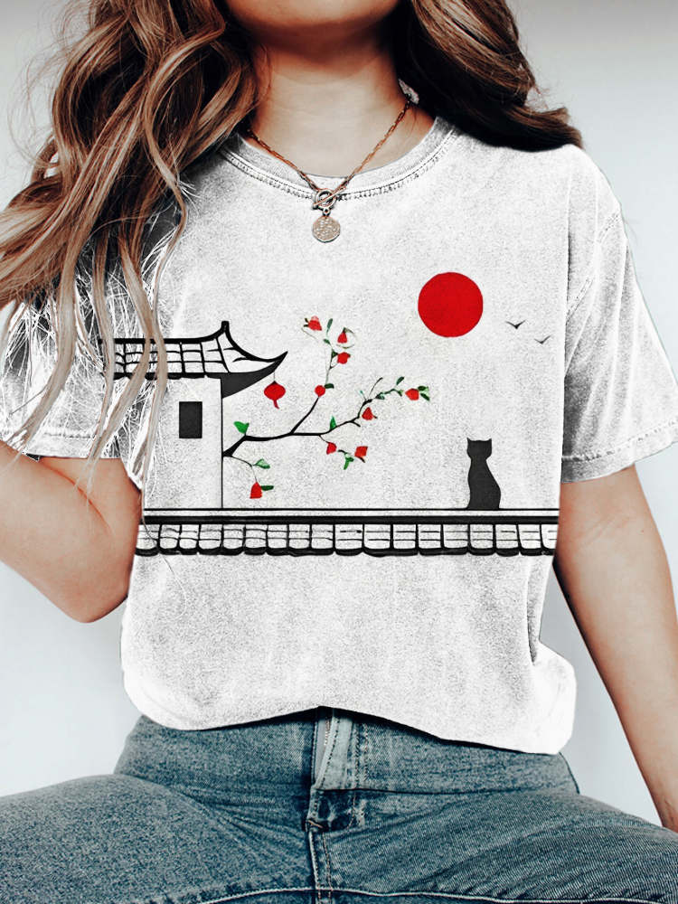 Comstylish Japanese Cat Floral Print Vintage Women's T-shirt