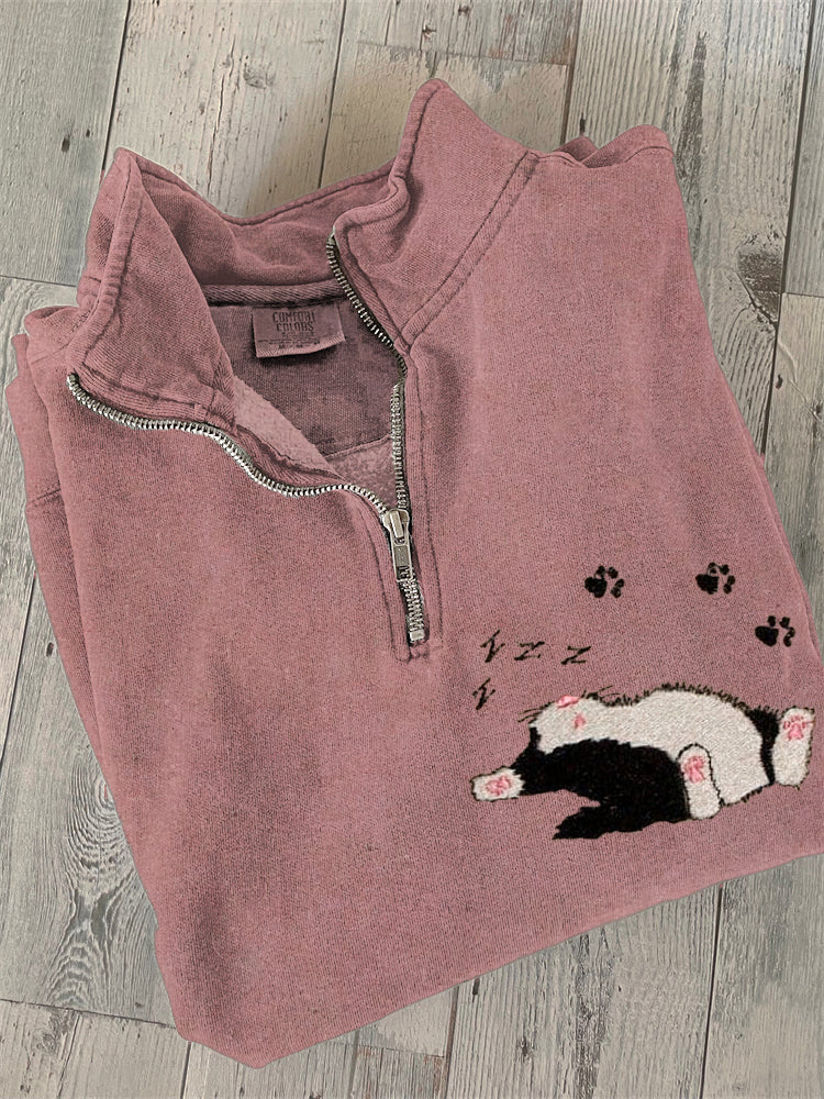 Sleeping Cat Embroidered Text Print Zipper Casual Sweatshirt elevenforest