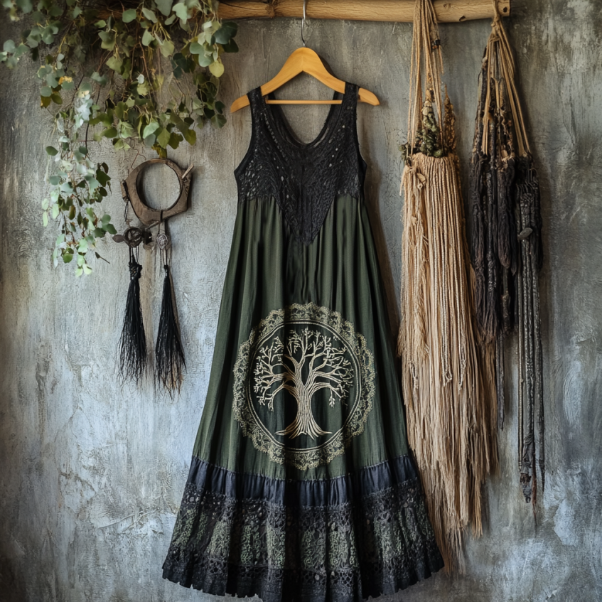 Vintage Tribal Celtic Knot Life Of Tree Lace Patchwork Art Linen Tank Dress artswardrobe