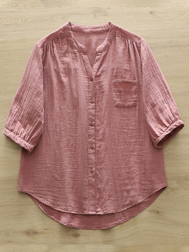 Comstylish Women's Simple Solid Color Linen Blend Casual Shirt