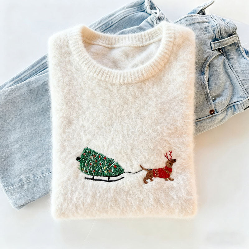 Cute Dachshund Delivering A Christmas Tree Inspired Cozy Knit Sweater artswardrobe