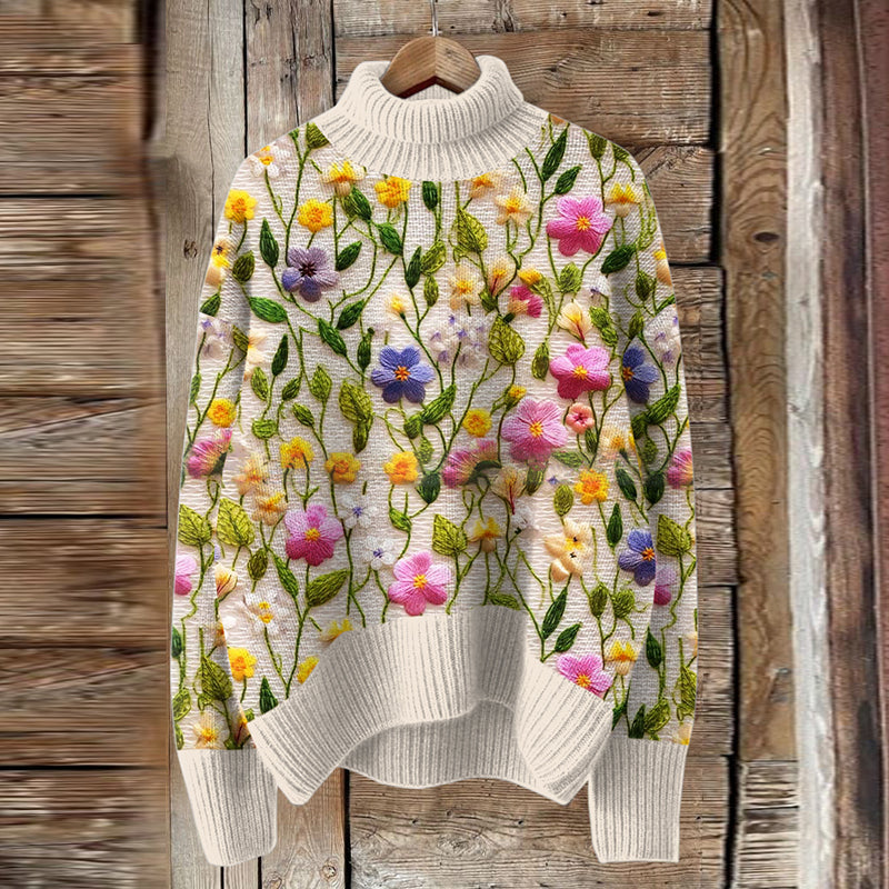 Vintage Embroidery Floral Art Knit Turtleneck Pullover Sweater artswardrobe