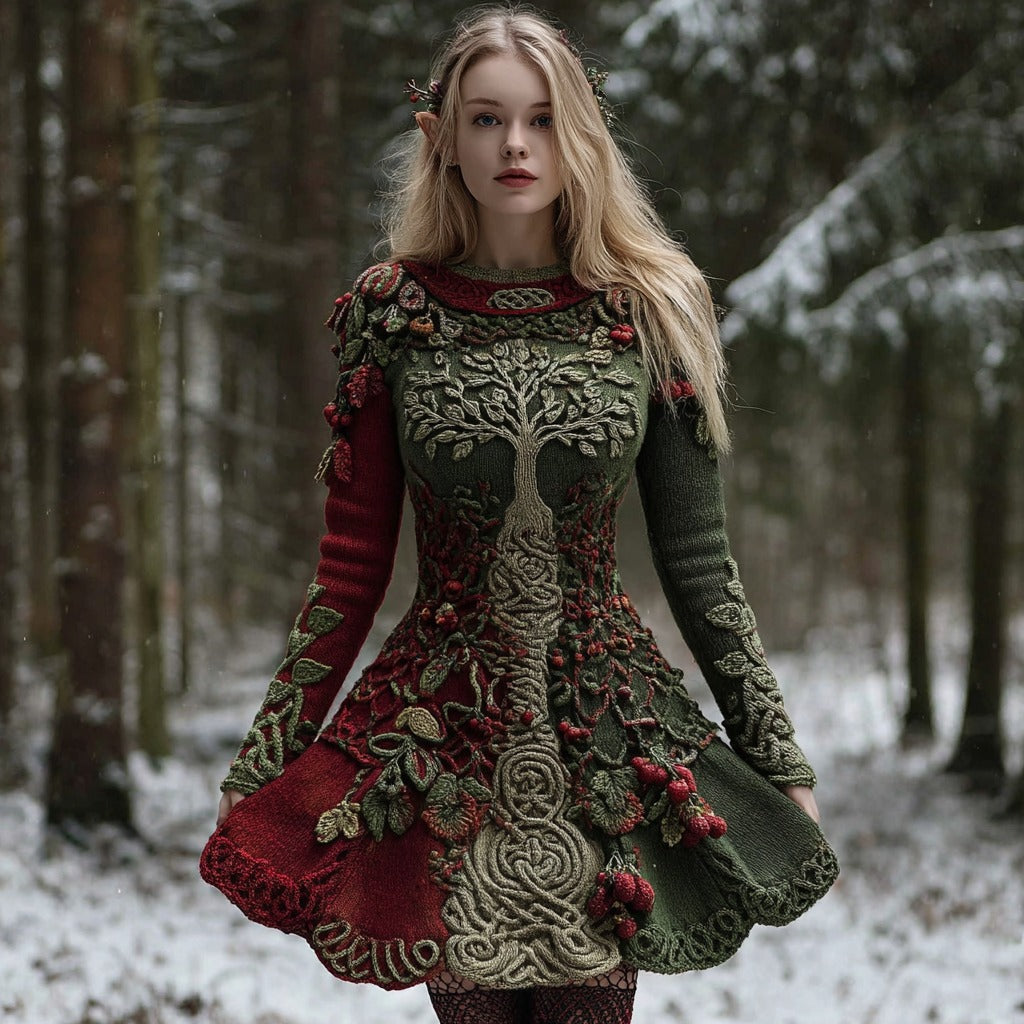 Women's Christmas Holly Leaves Life Of Tree Gradient Celtic Knitted Midi Dress artswardrobe