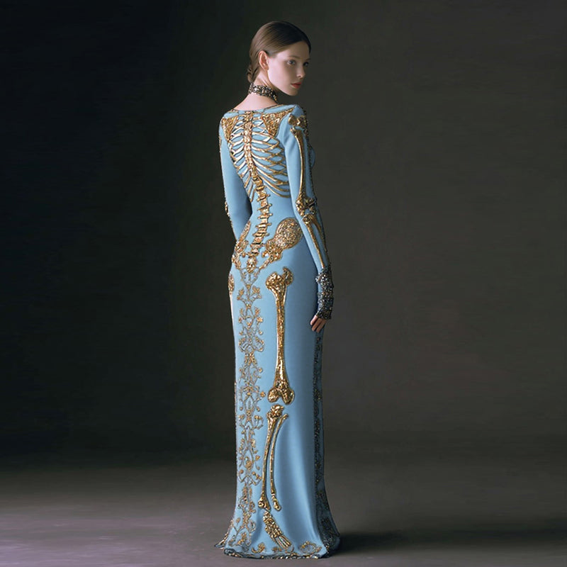 Comstylish Women's Halloween Dark Brother Skull Velvet Round Neck Maxi Dress