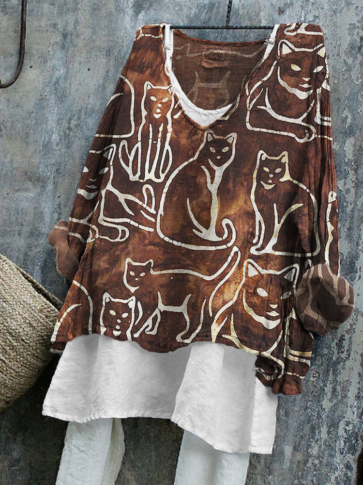 Comstylish Cats Earthy Natural Block Print Linen Tunic