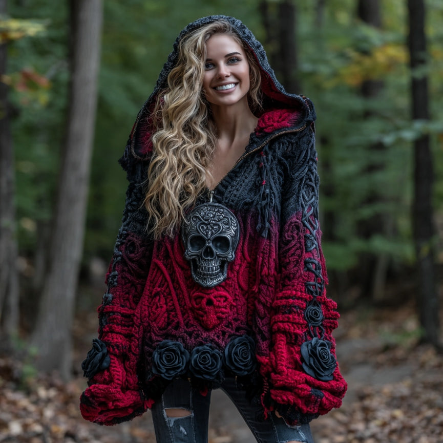 Women's Vintage Viking Tribal Celtic Skull Gradient Art Cozy Knitted Zipper Hoodie artswardrobe