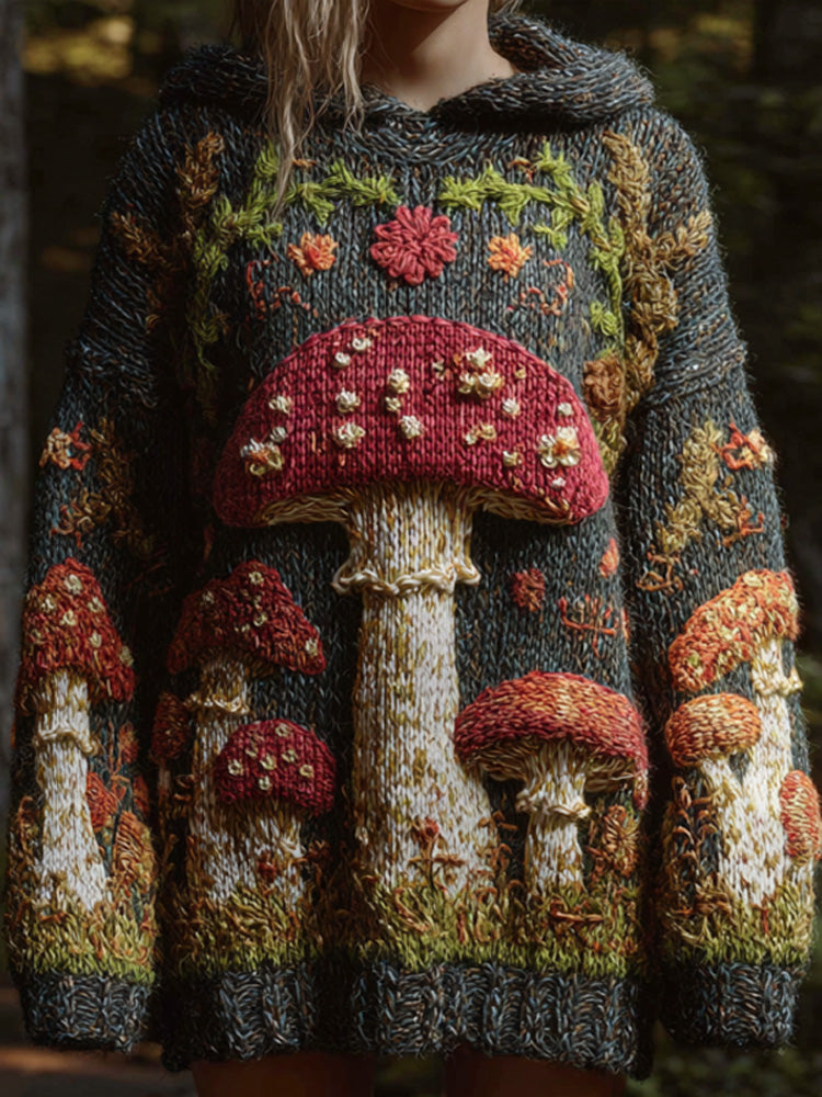 Comstylish Women's Retro Mushroom Print Hoodie Sweater