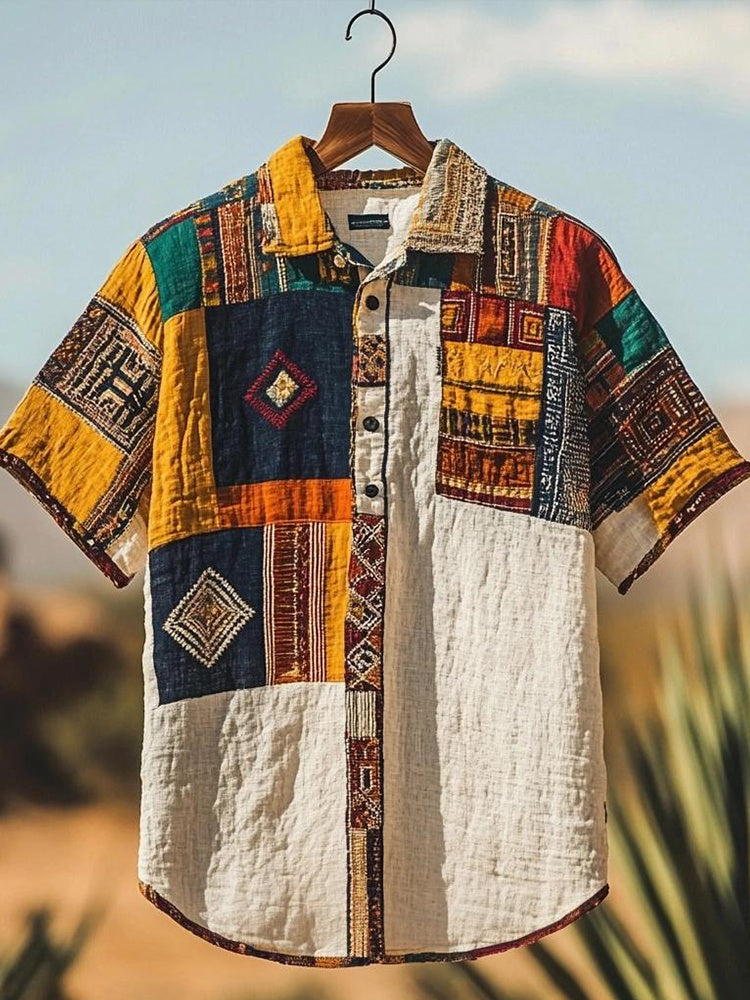 Vintage Geometric Pattern Patchwork Linen Shirt artswardrobe