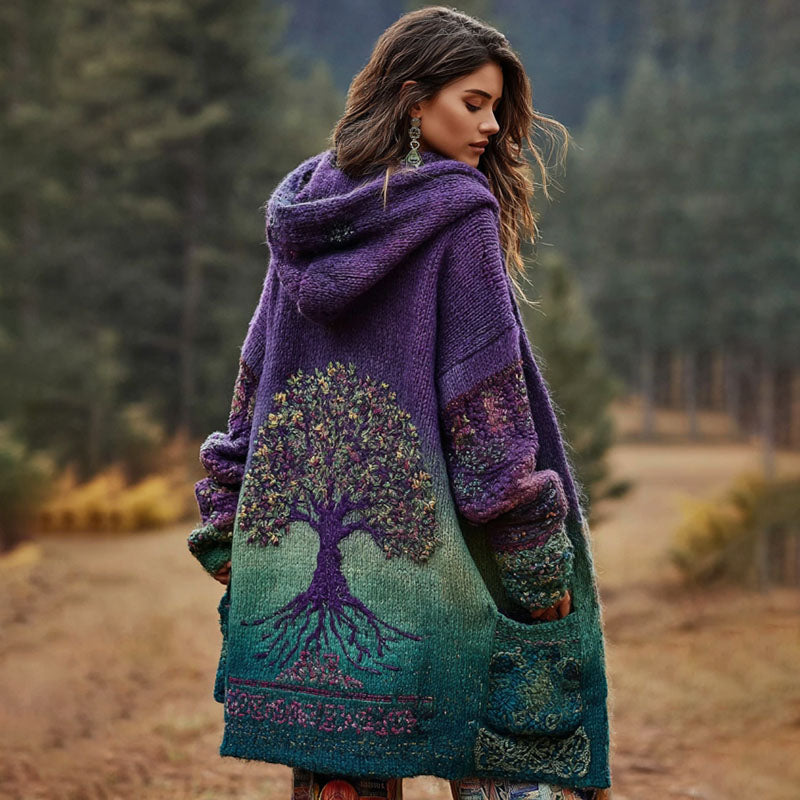 Comstylish Women's Viking Floral And Life Of Tree Art Knitted Cozy Hooded Cardigan