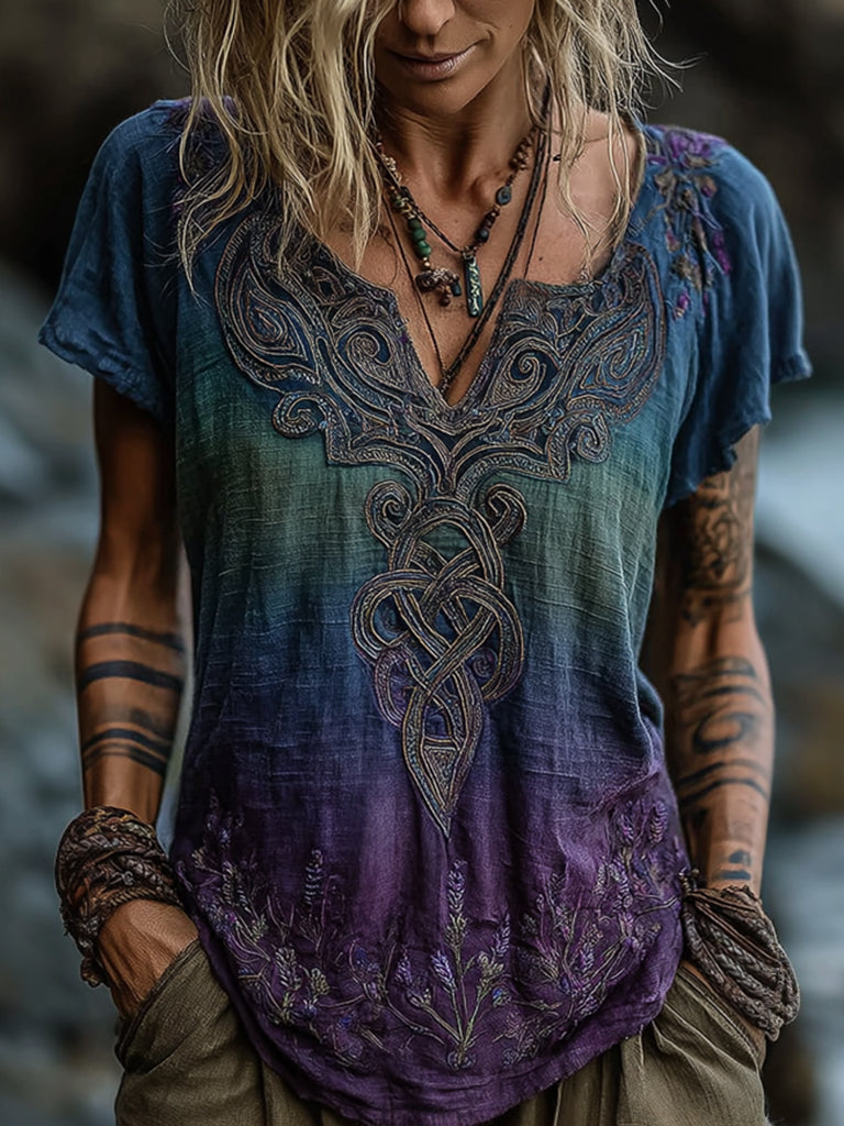 Viking Celtic Knot Gradient Art Women's Linen V Neck T-shirt artswardrobe