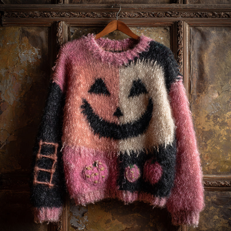 Women's Vintage Halloween Pink Ghost Face Knit Sweater artswardrobe