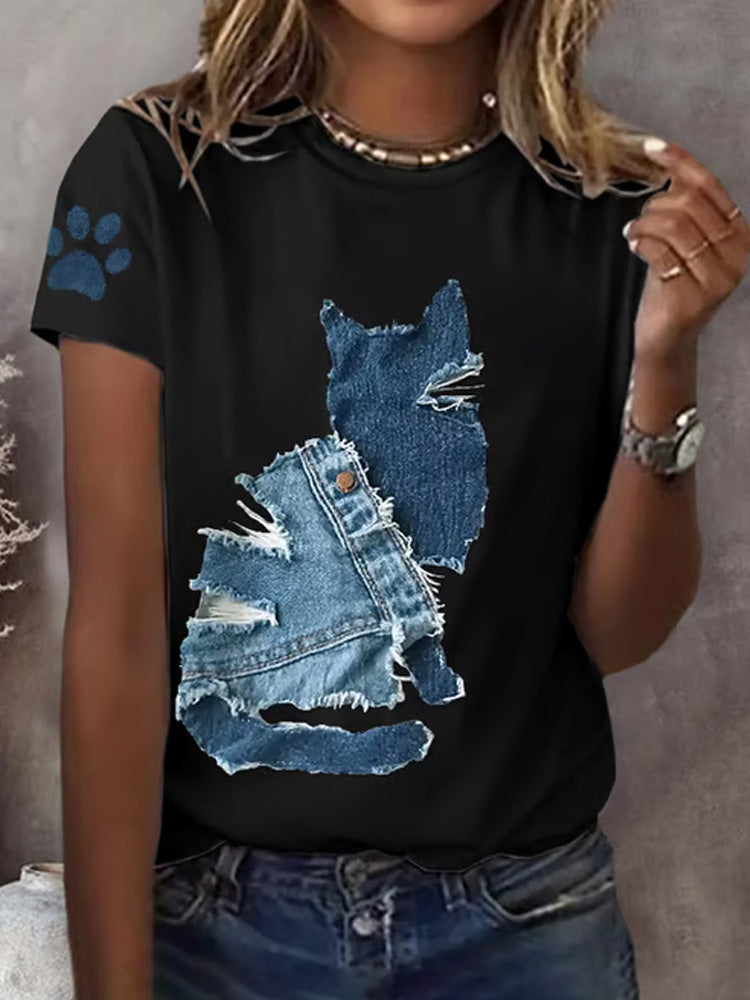 Women's Retro Funny Denim Patch Animal Cat Print T-shirt elevenforest