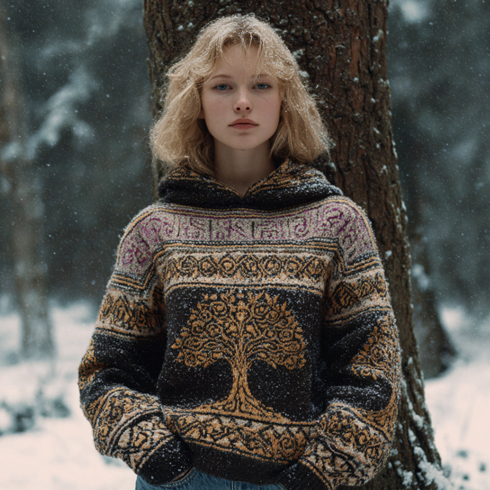Comstylish Vintage Fair Isle Life Tree Crew Hoodie Sweater