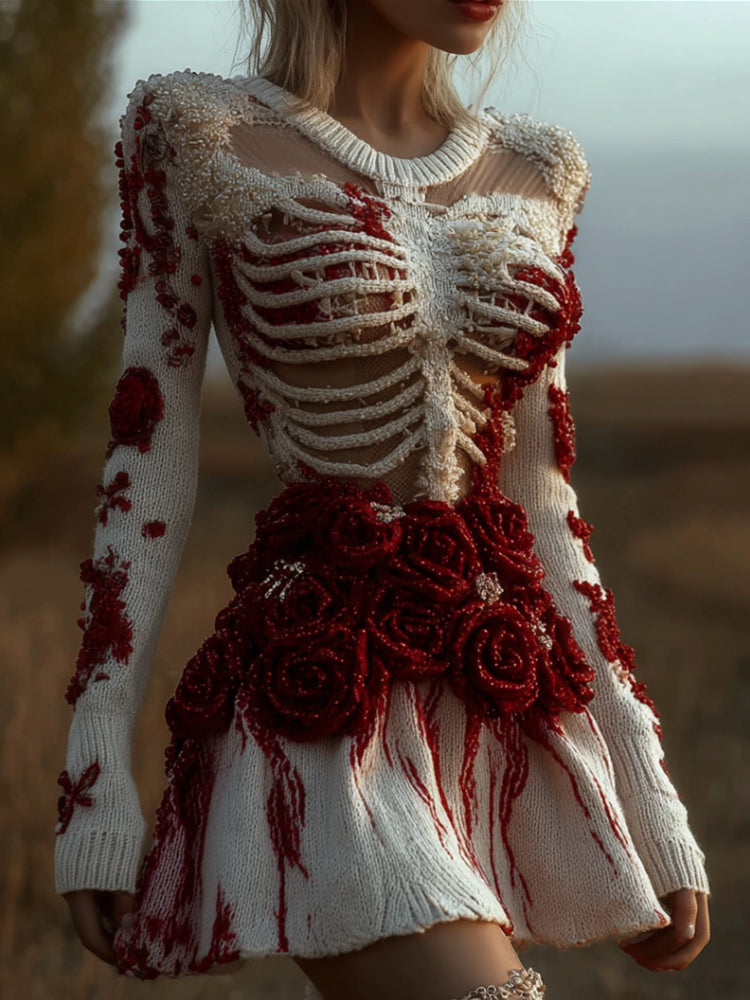 Women's Halloween Skeleton And Scarlet Rose Round Neck Dress artswardrobe
