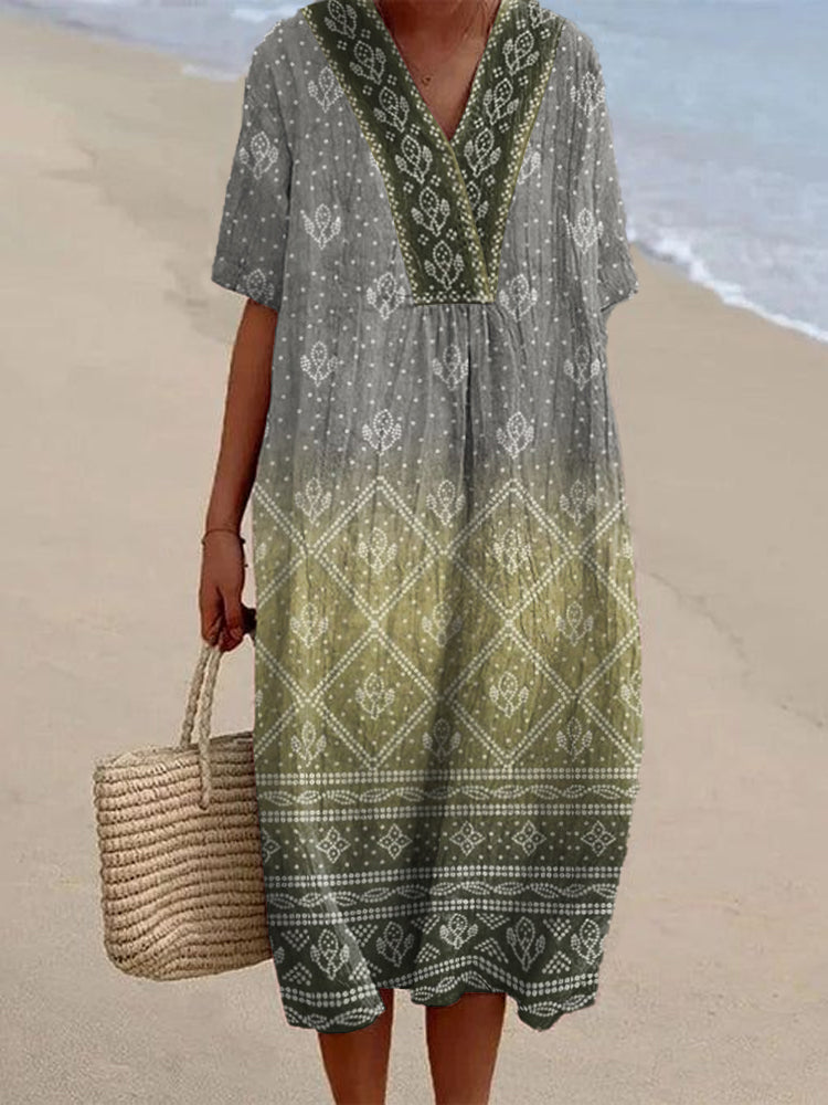 Comstylish Japanese Art Floral Pattern Linen Blend Midi Dress