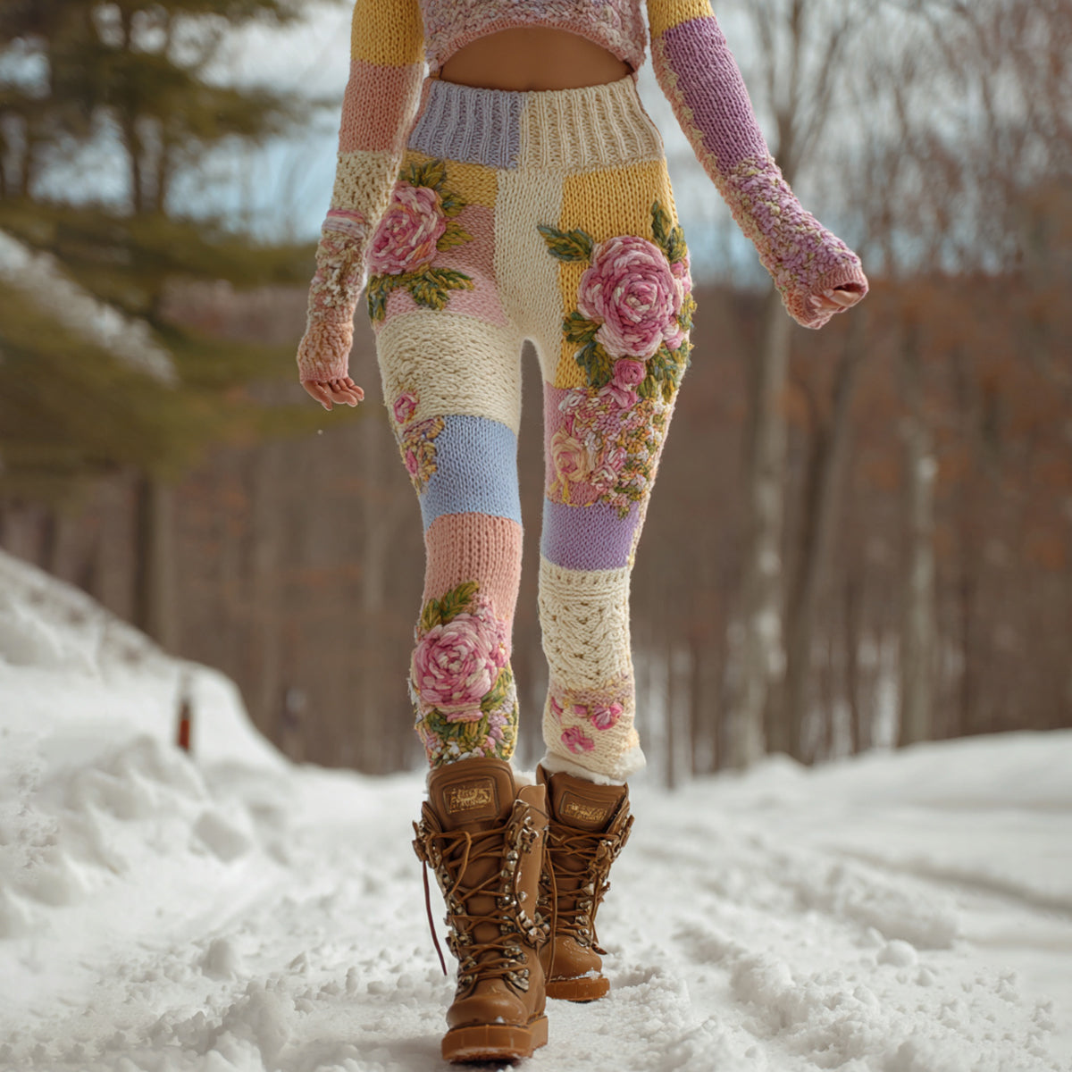 Women's Vintage Floral Art Patchwork Cozy Knit Leggings artswardrobe